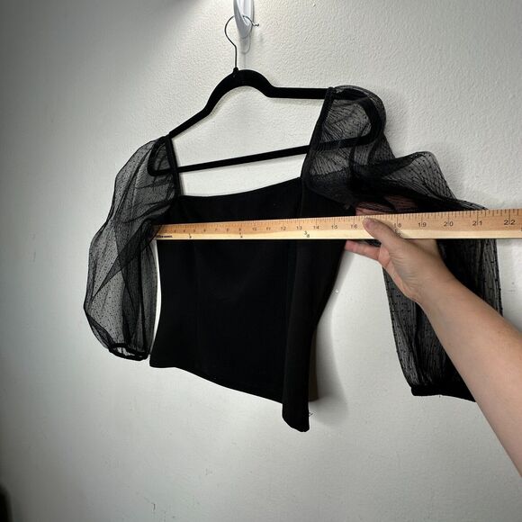Socialite Black Square Neck Sheer Polka Dot Mesh Balloon Sleeve Crop Top M - Picture 11 of 12